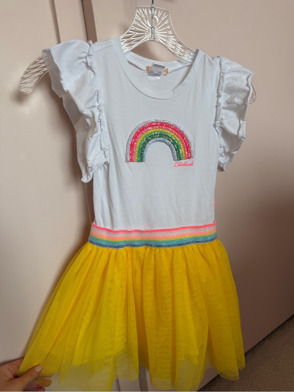 Billieblush White Tee Dress with Yellow Tulle Skirt and Rainbow Trim
